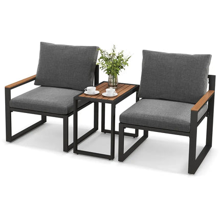 3 Pieces Aluminum Frame Weatherproof Outdoor Conversation Set with Soft Cushions-Gray - Gray - Patio Conversation Sets