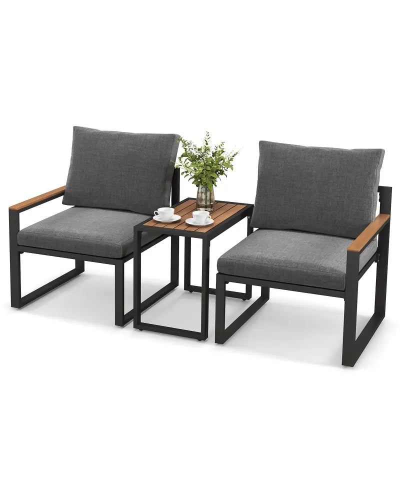 3 Pieces Aluminum Frame Weatherproof Outdoor Conversation Set with Soft Cushions-Gray - Gray - Patio Conversation Sets