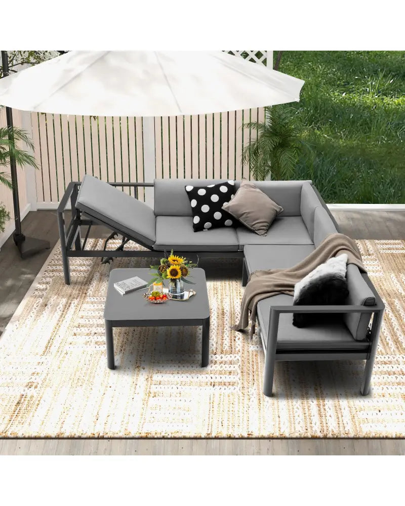 3 Pieces Aluminum Patio Furniture Set with 6-Level Adjustable Backrest-Gray - Gray - Outdoor Sectionals