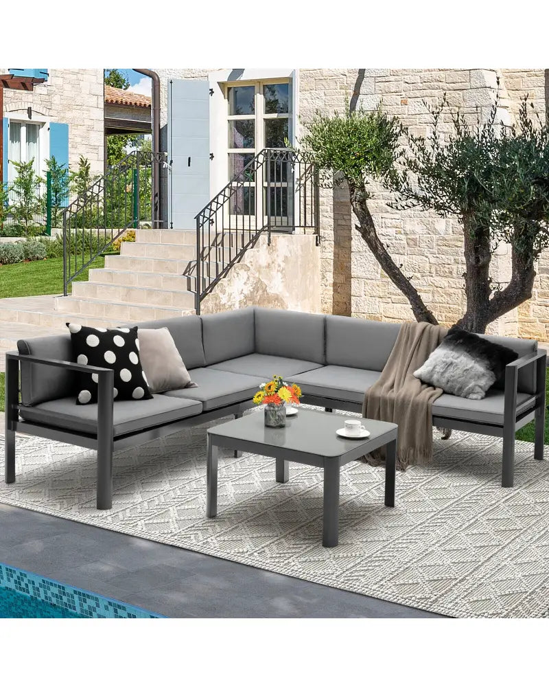 3 Pieces Aluminum Patio Furniture Set with 6-Level Adjustable Backrest-Gray - Gray - Outdoor Sectionals