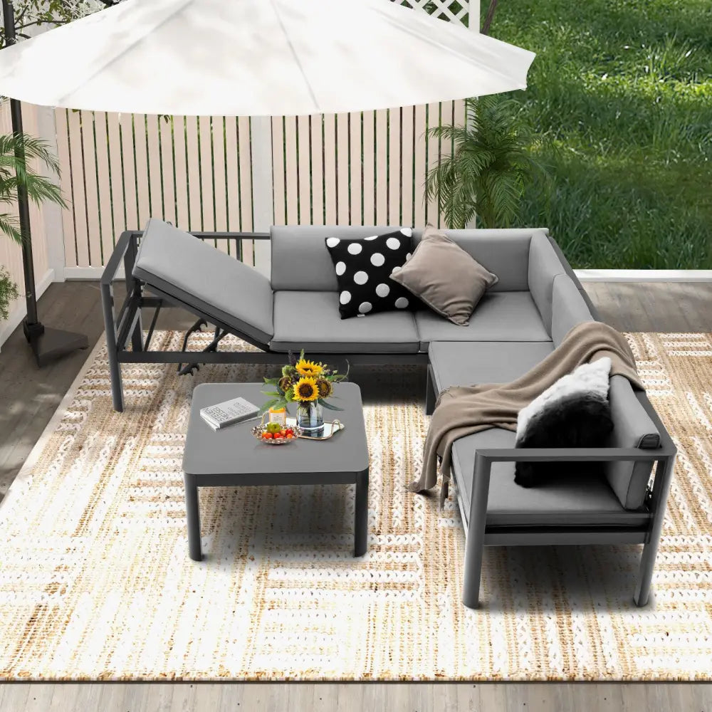 3 Pieces Aluminum Patio Furniture Set with 6-Level Adjustable Backrest-Gray - Gray - Outdoor Sectionals