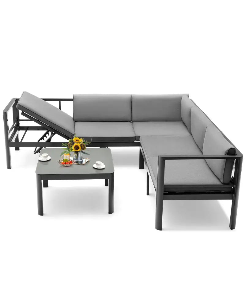 3 Pieces Aluminum Patio Furniture Set with 6-Level Adjustable Backrest-Gray - Gray - Outdoor Sectionals