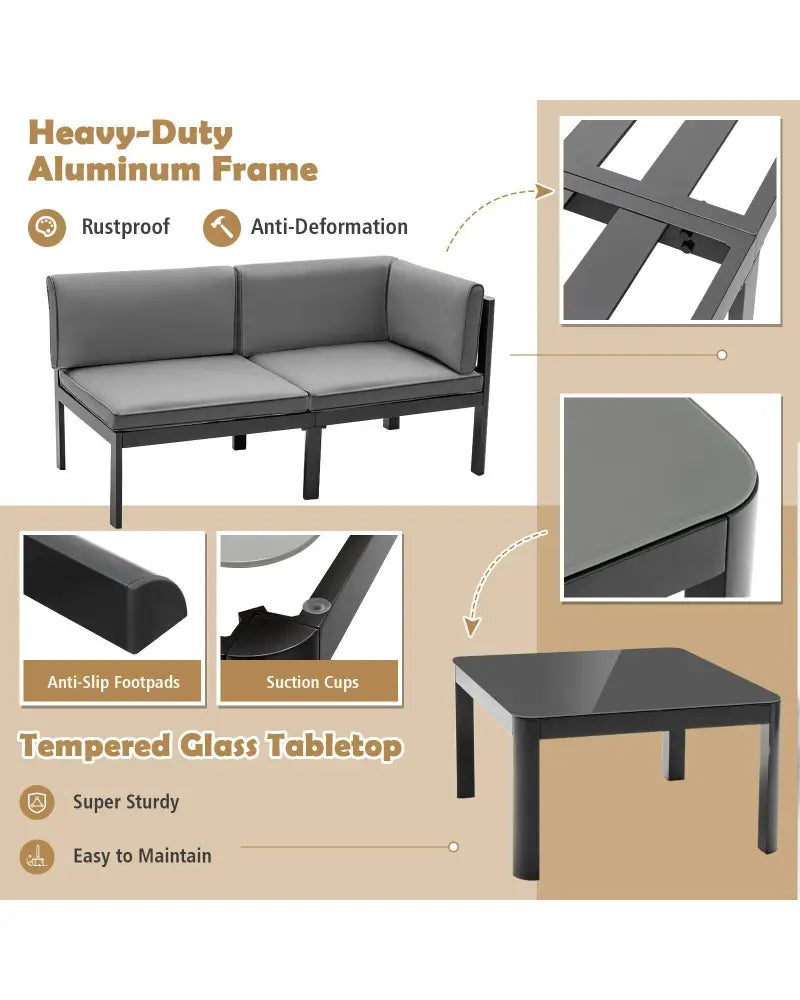 3 Pieces Aluminum Patio Furniture Set with 6-Level Adjustable Backrest-Gray - Gray - Outdoor Sectionals