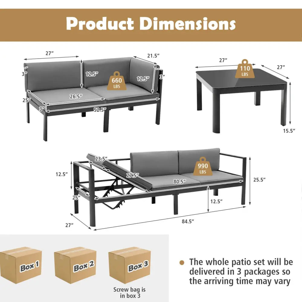 3 Pieces Aluminum Patio Furniture Set with 6-Level Adjustable Backrest-Gray - Gray - Outdoor Sectionals