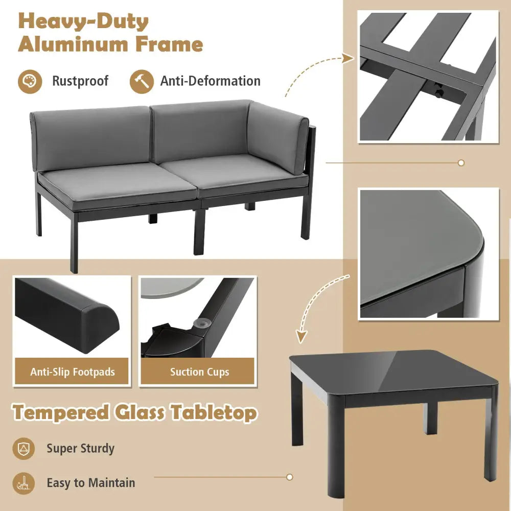 3 Pieces Aluminum Patio Furniture Set with 6-Level Adjustable Backrest-Gray - Gray - Outdoor Sectionals