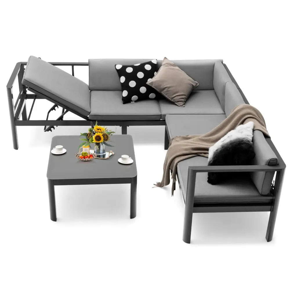 3 Pieces Aluminum Patio Furniture Set with 6-Level Adjustable Backrest-Gray - Gray - Outdoor Sectionals