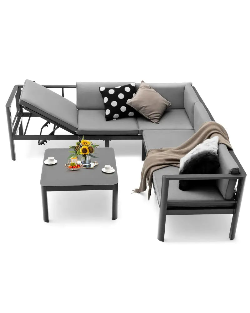 3 Pieces Aluminum Patio Furniture Set with 6-Level Adjustable Backrest-Gray - Gray - Outdoor Sectionals
