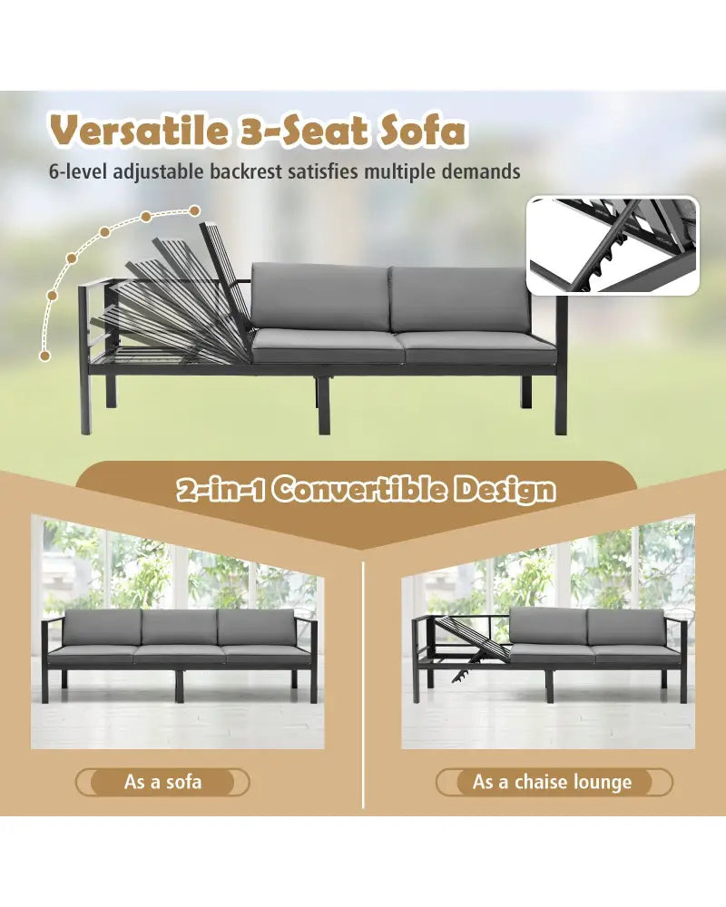 3 Pieces Aluminum Patio Furniture Set with 6-Level Adjustable Backrest-Gray - Gray - Outdoor Sectionals