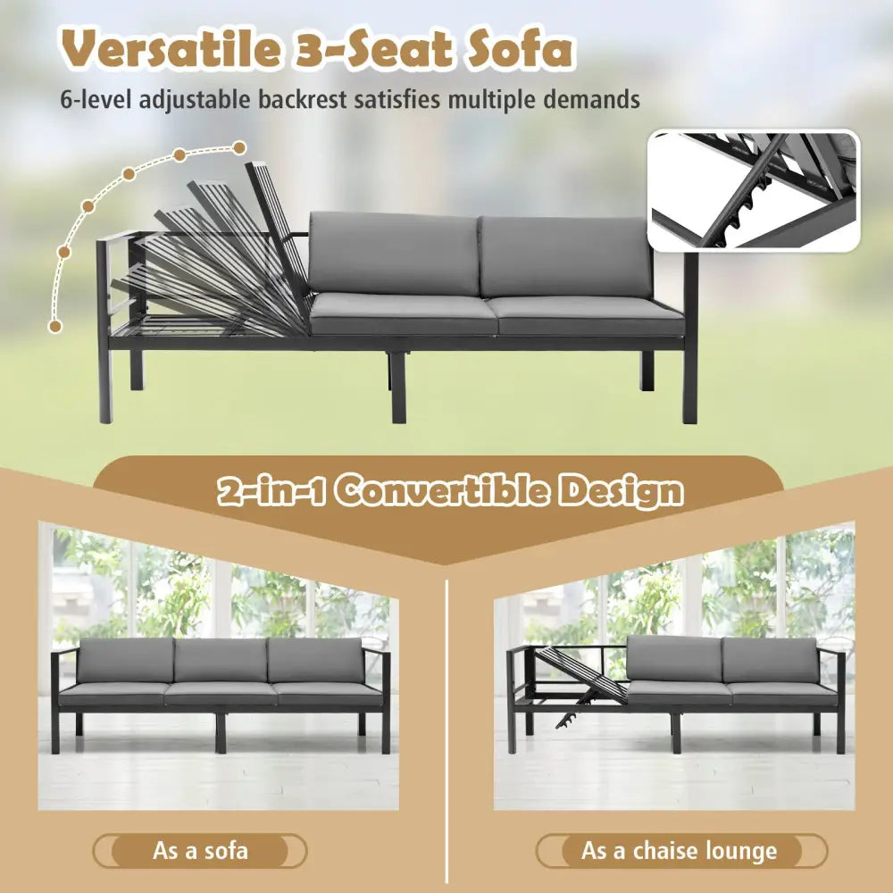 3 Pieces Aluminum Patio Furniture Set with 6-Level Adjustable Backrest-Gray - Gray - Outdoor Sectionals