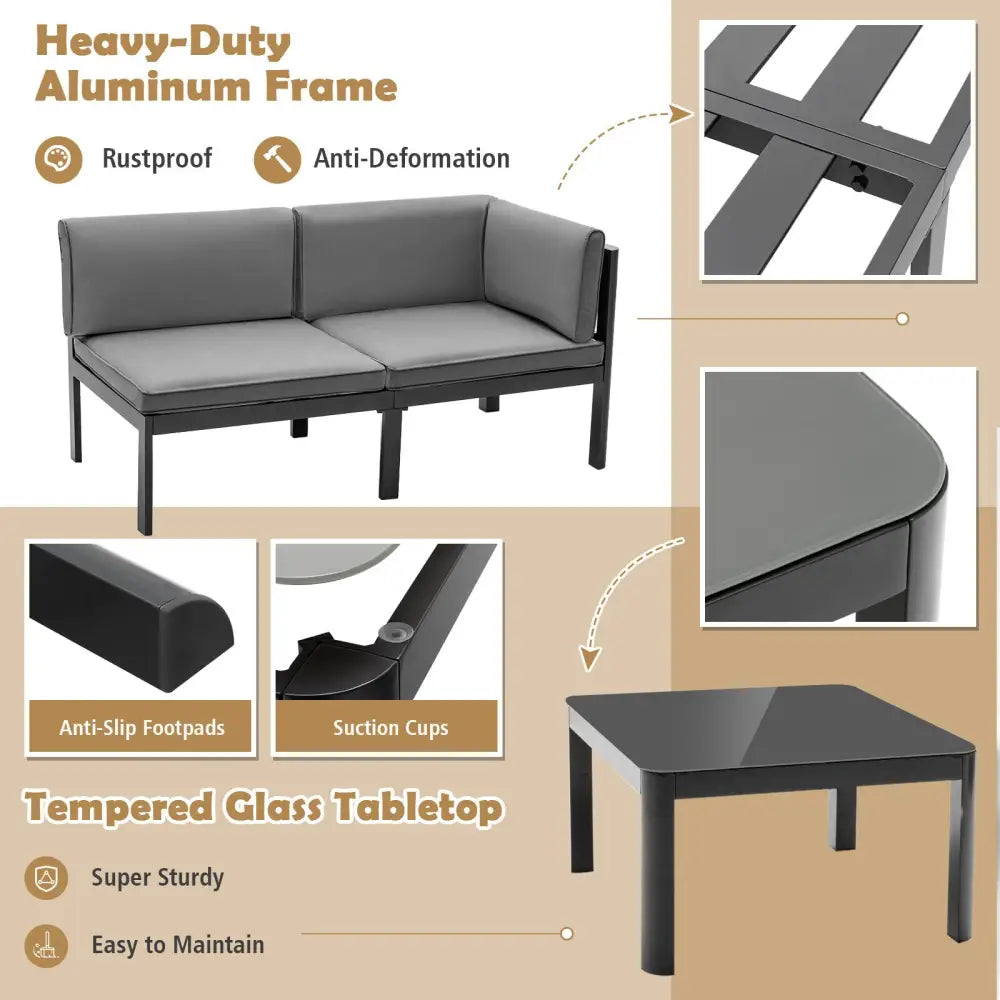 3 Pieces Aluminum Patio Furniture Set with 6-Level Adjustable Backrest-Gray - Gray - Outdoor Sectionals
