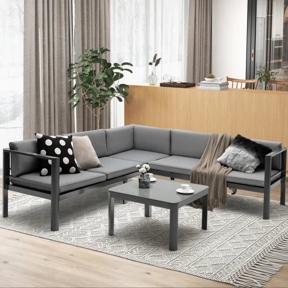 3 Pieces Aluminum Patio Furniture Set with 6-Level Adjustable Backrest-Gray - Gray - Outdoor Sectionals