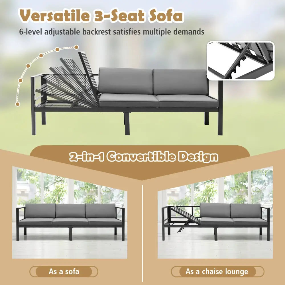 3 Pieces Aluminum Patio Furniture Set with 6-Level Adjustable Backrest-Gray - Gray - Outdoor Sectionals