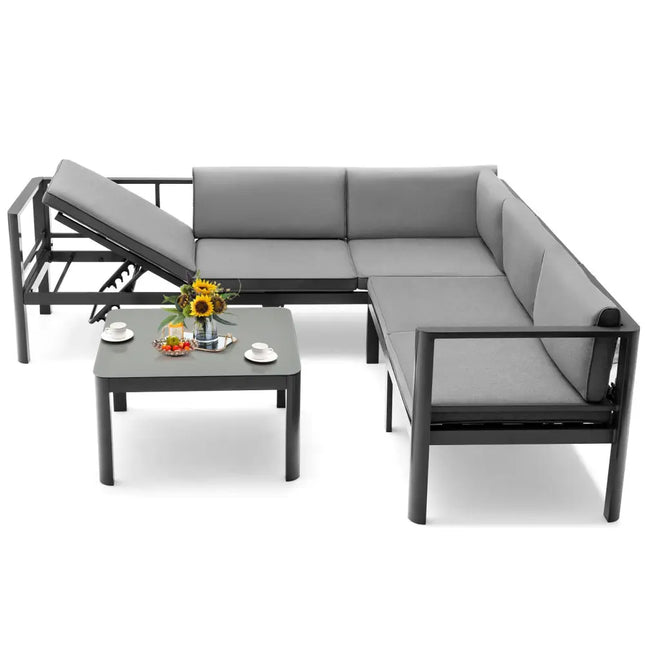 3 Pieces Aluminum Patio Furniture Set with 6-Level Adjustable Backrest-Gray - Gray - Outdoor Sectionals