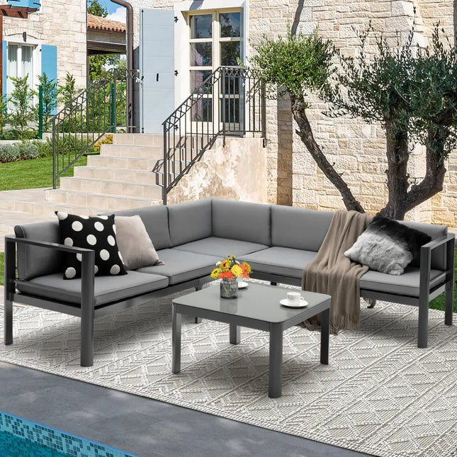 3 Pieces Aluminum Patio Furniture Set with 6-Level Adjustable Backrest-Gray - Gray - Outdoor Sectionals