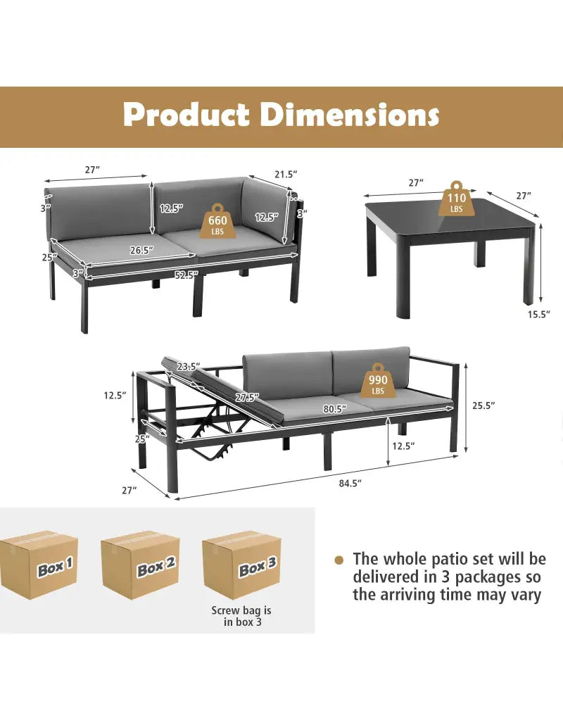 3 Pieces Aluminum Patio Furniture Set with 6-Level Adjustable Backrest-Gray - Gray - Outdoor Sectionals