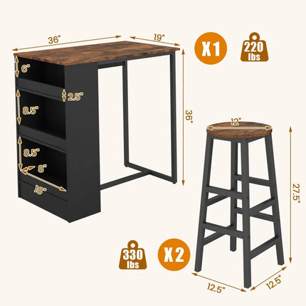 3 Pieces Bar Table Set with Storage Costway