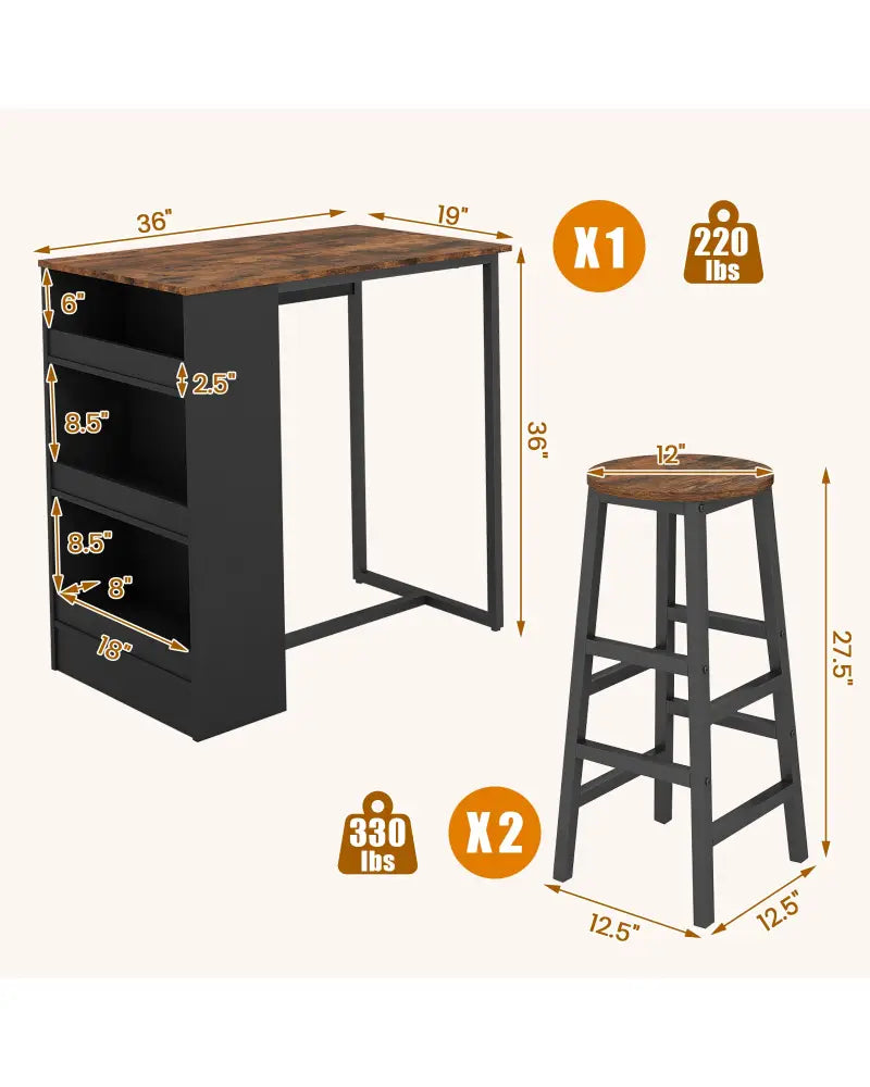 3 Pieces Bar Table Set with Storage - Brown - Dining Room Sets