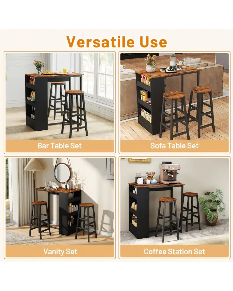 3 Pieces Bar Table Set with Storage - Brown - Dining Room Sets