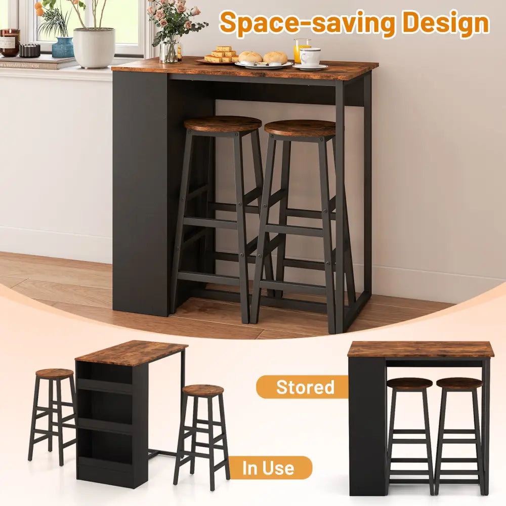3 Pieces Bar Table Set with Storage - Brown - Dining Room Sets
