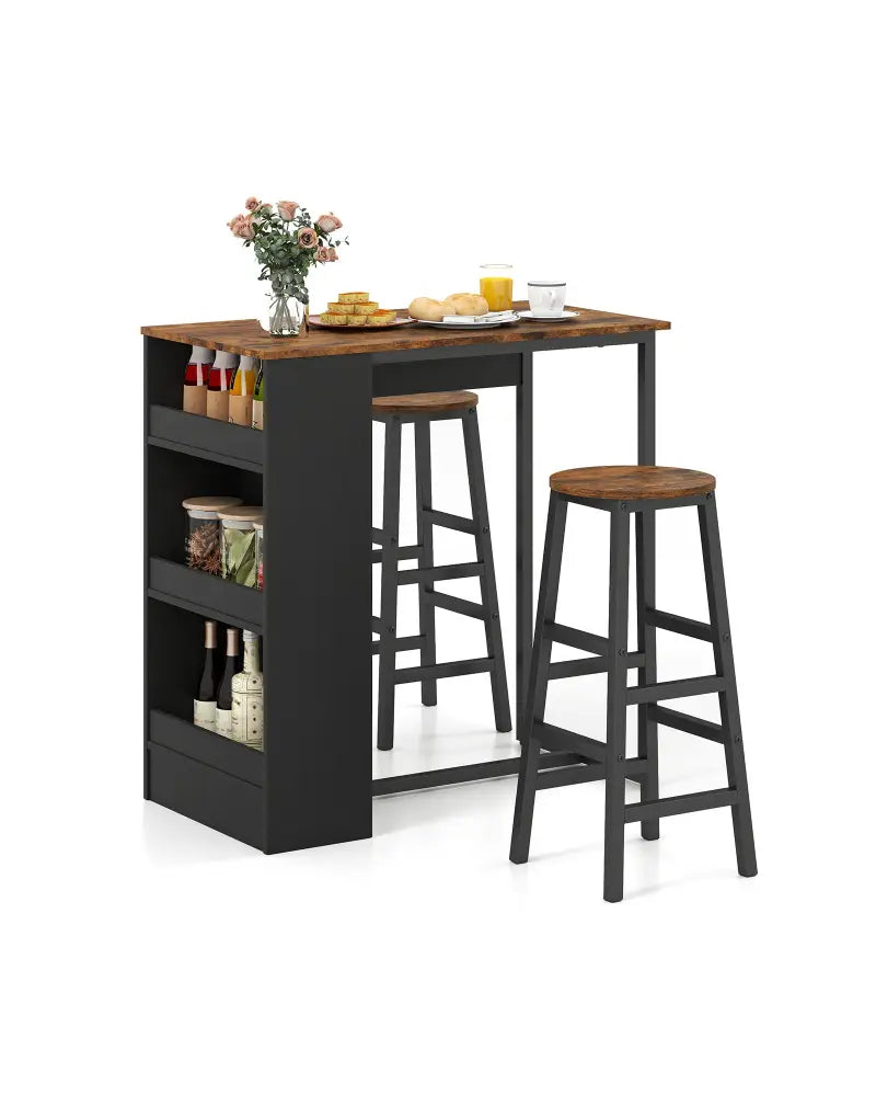 3 Pieces Bar Table Set with Storage - Brown - Dining Room Sets