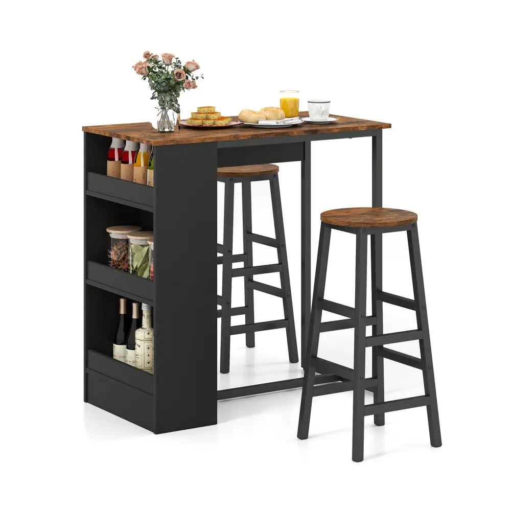 3 Pieces Bar Table Set with Storage - Brown - Dining Room Sets