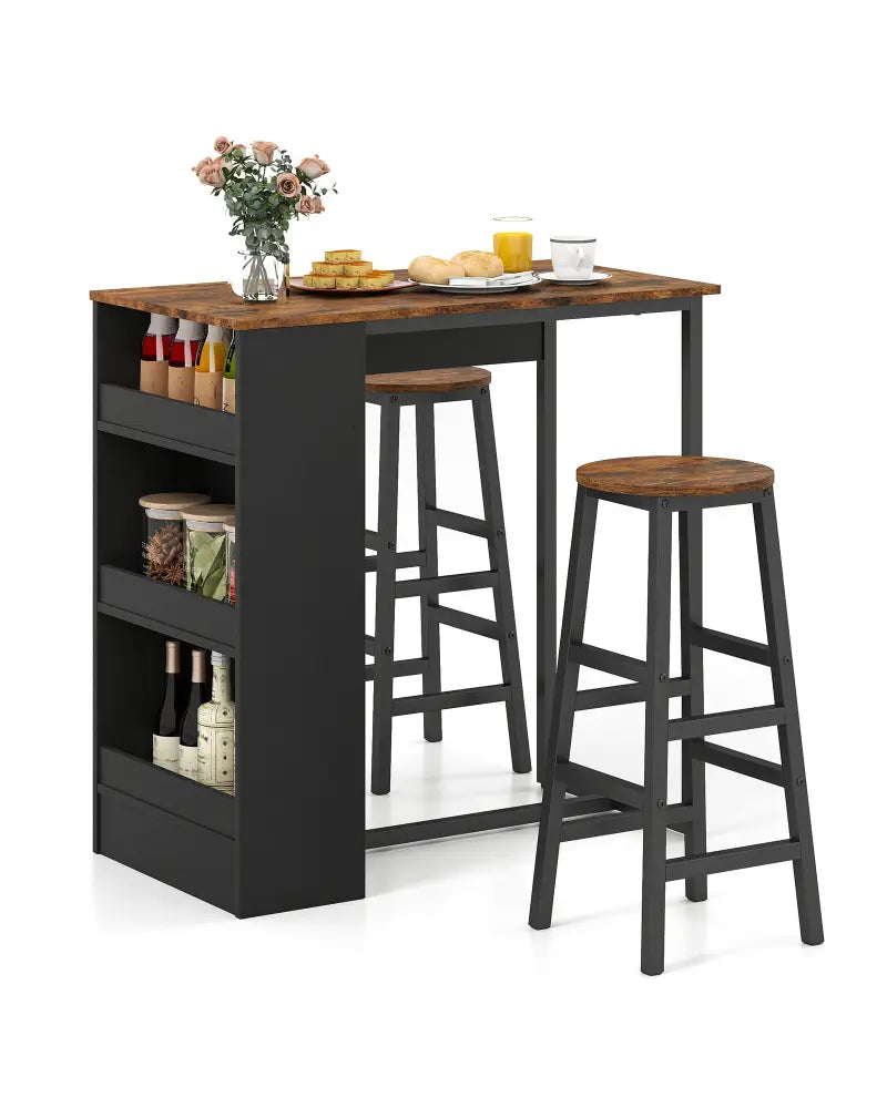 3 Pieces Bar Table Set with Storage - Brown - Dining Room Sets