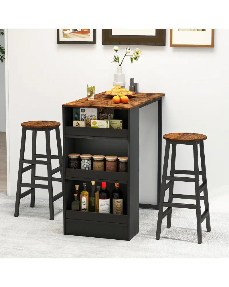 3 Pieces Bar Table Set with Storage - Brown - Dining Room Sets