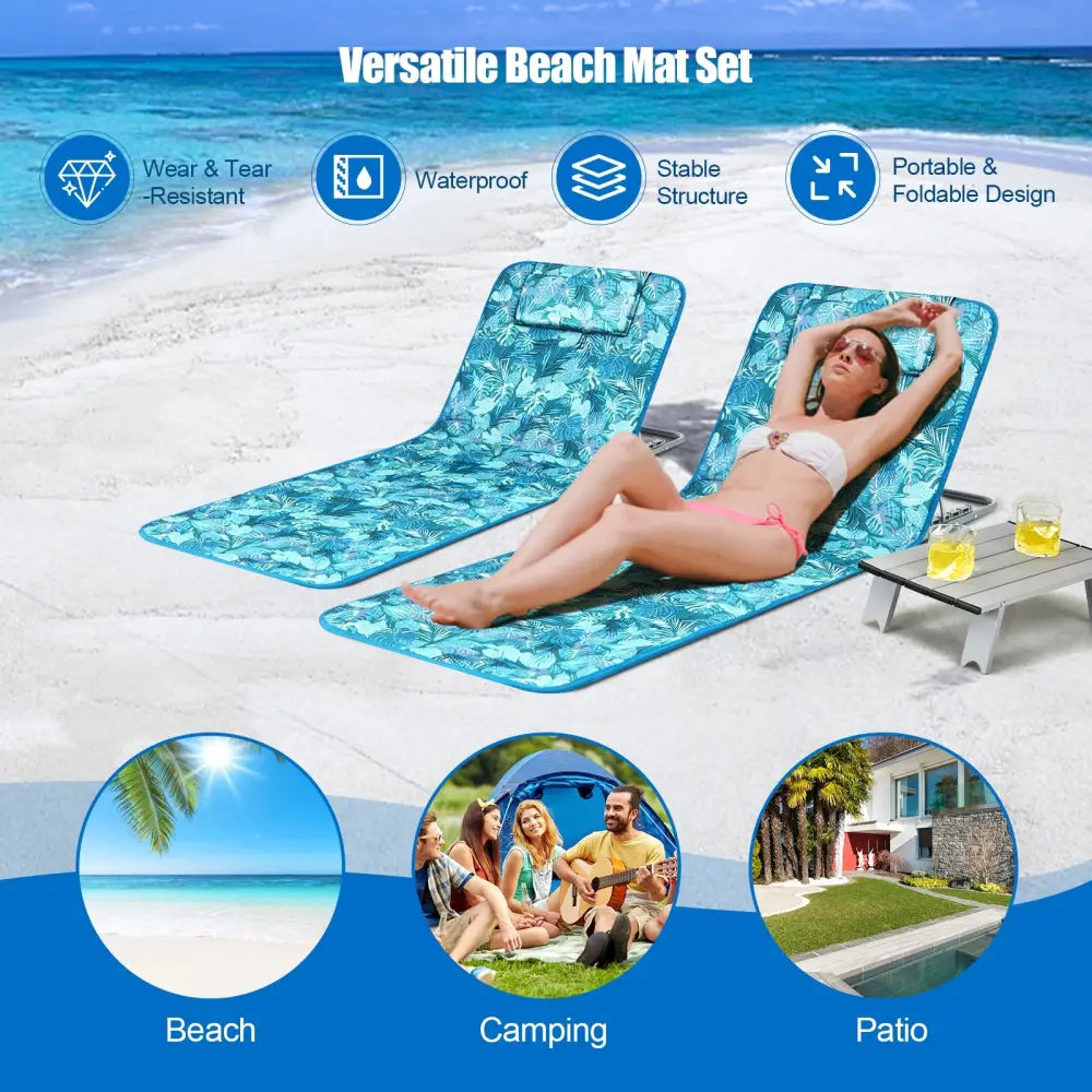 3 Pieces Beach Lounge Chair Mat Set 2 Adjustable Lounge Chairs with Table Stripe-Green - Green - Beach & Lawn Chairs