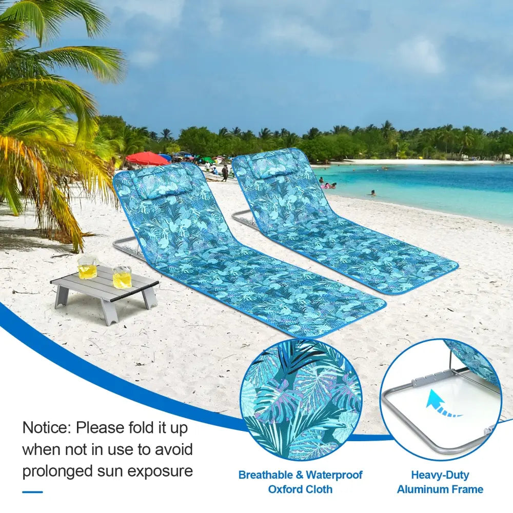 3 Pieces Beach Lounge Chair Mat Set 2 Adjustable Lounge Chairs with Table Stripe-Green - Green - Beach & Lawn Chairs