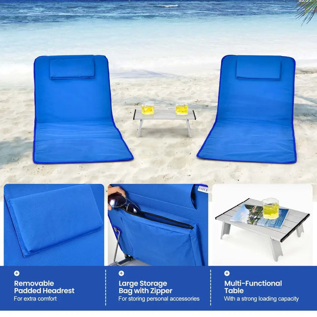3 Pieces Beach Lounge Chair Mat Set 2 Adjustable Lounge Chairs with Table Stripe-Blue - Blue - Beach & Lawn Chairs