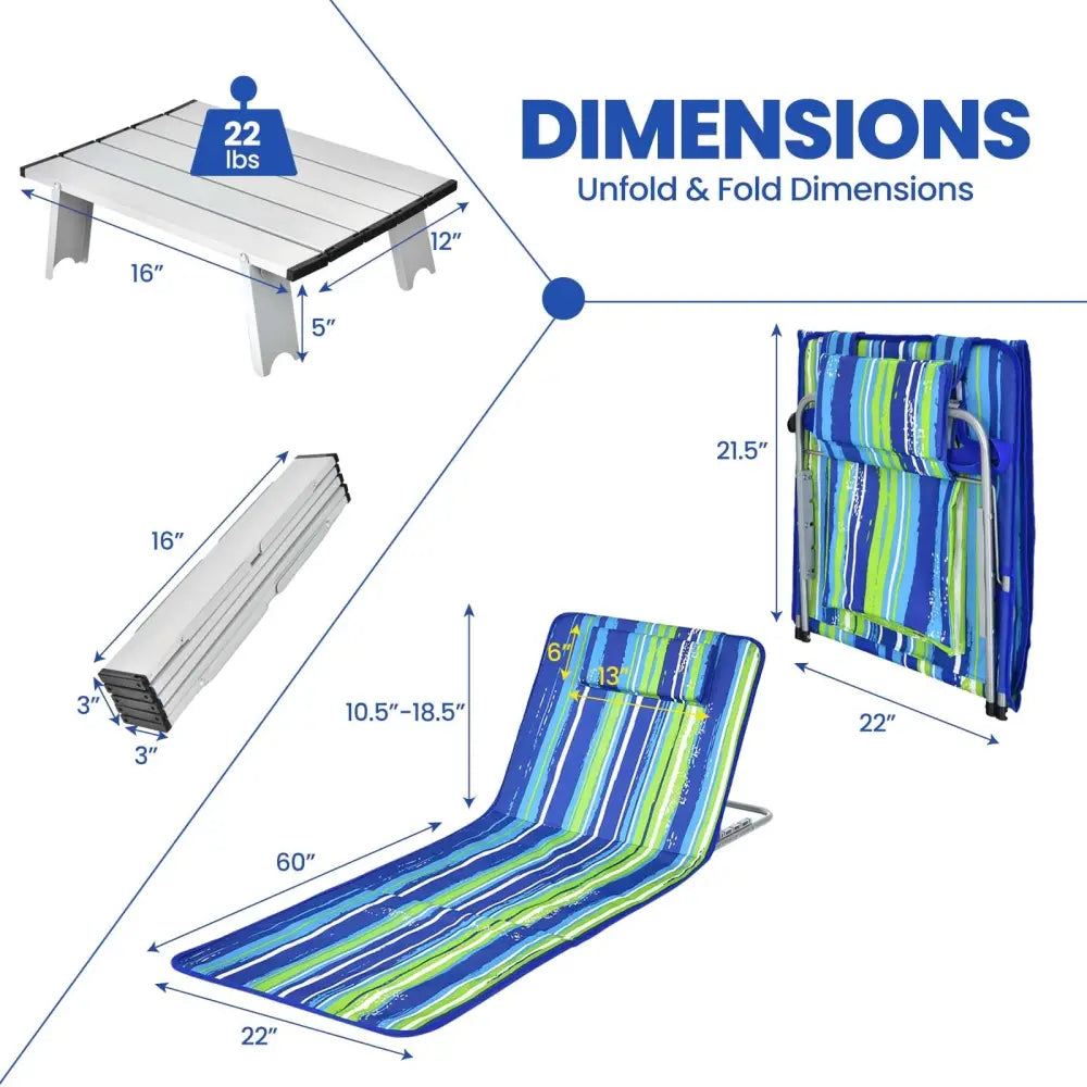 3 Pieces Beach Lounge Chair Mat Set 2 Adjustable Lounge Chairs with Table Stripe-Stripe - Blue & Green - Beach & Lawn