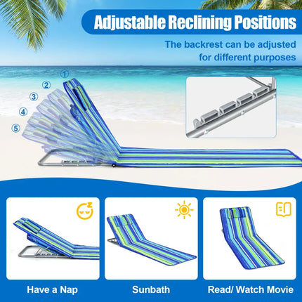 3 Pieces Beach Lounge Chair Mat Set 2 Adjustable Lounge Chairs with Table Stripe-Stripe - Blue & Green - Beach & Lawn