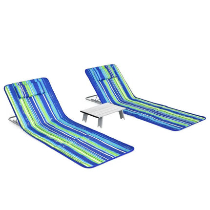 3 Pieces Beach Lounge Chair Mat Set 2 Adjustable Lounge Chairs with Table Stripe-Stripe - Blue & Green - Beach & Lawn
