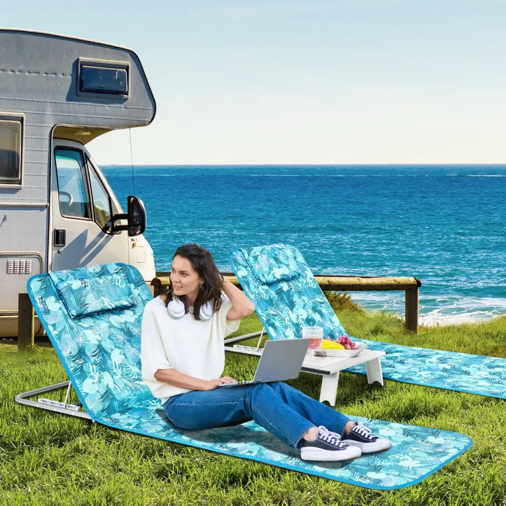 3 Pieces Beach Lounge Chair Mat Set 2 Adjustable Lounge Chairs with Table Stripe-Green - Green - Beach & Lawn Chairs
