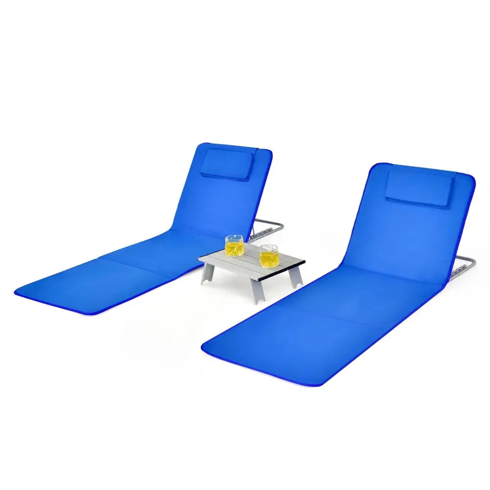 3 Pieces Beach Lounge Chair Mat Set 2 Adjustable Lounge Chairs with Table Stripe-Blue - Blue - Beach & Lawn Chairs
