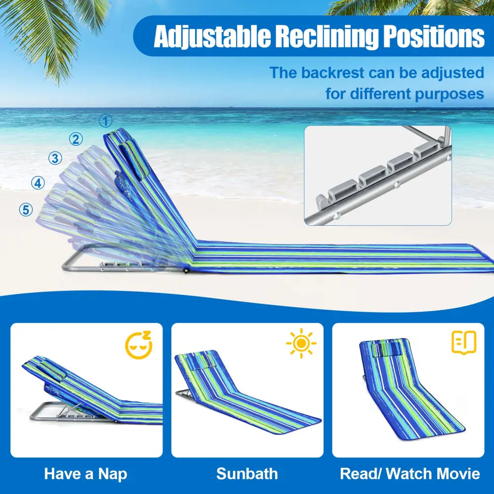 3 Pieces Beach Lounge Chair Mat Set 2 Adjustable Lounge Chairs with Table Stripe-Stripe - Blue & Green - Beach & Lawn