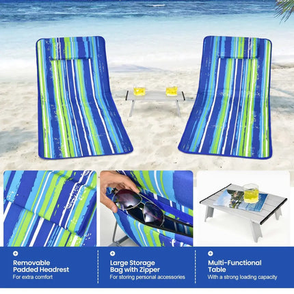 3 Pieces Beach Lounge Chair Mat Set 2 Adjustable Lounge Chairs with Table Stripe-Stripe - Blue & Green - Beach & Lawn