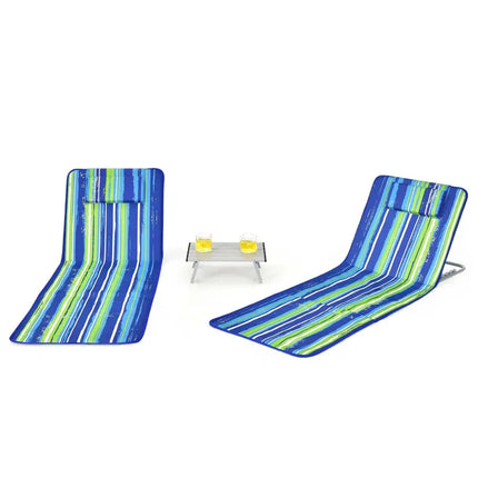 3 Pieces Beach Lounge Chair Mat Set 2 Adjustable Lounge Chairs with Table Stripe-Stripe - Blue & Green - Beach & Lawn