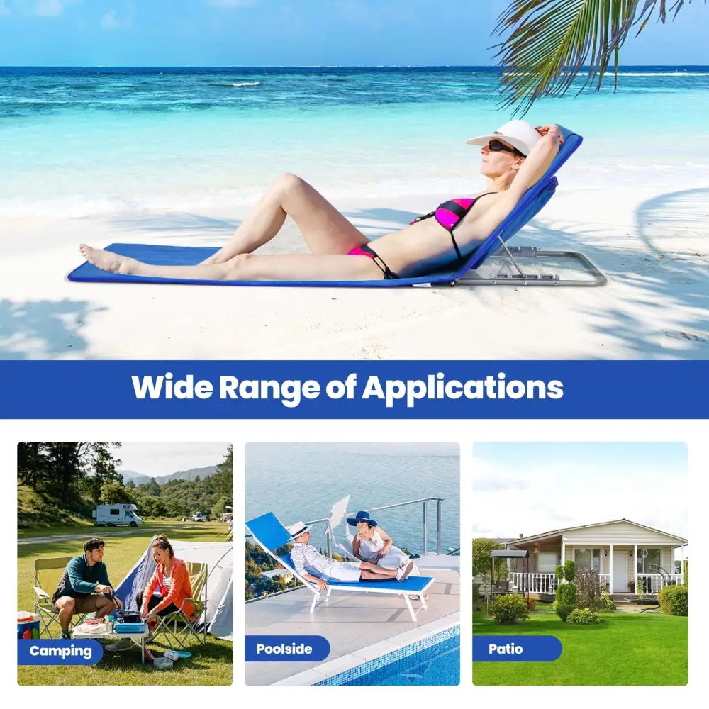 3 Pieces Beach Lounge Chair Mat Set 2 Adjustable Lounge Chairs with Table Stripe-Blue - Blue - Beach & Lawn Chairs