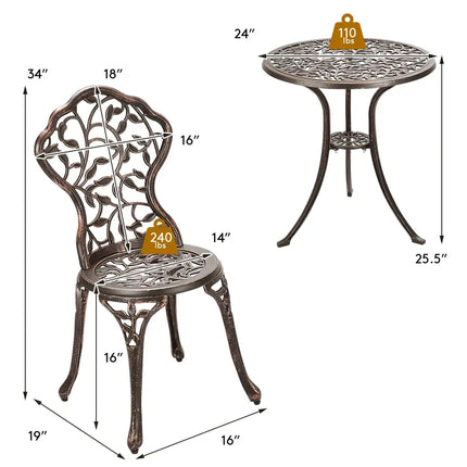 3 Pieces Cast Aluminum Bistro Set - Bronze - Patio Conversation Sets