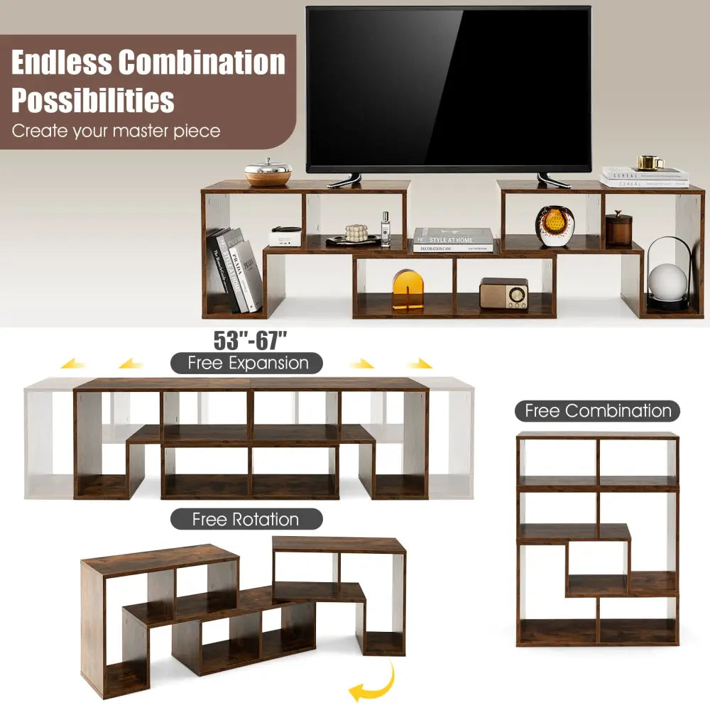 3 Pieces Console TV Stand for TVs up to 65 Inch with Shelves-Brown - Brown - Entertainment Centers & TV Stands