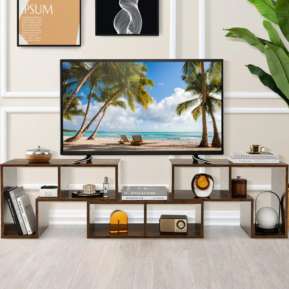 3 Pieces Console TV Stand for TVs up to 65 Inch with Shelves-Brown - Brown - Entertainment Centers & TV Stands