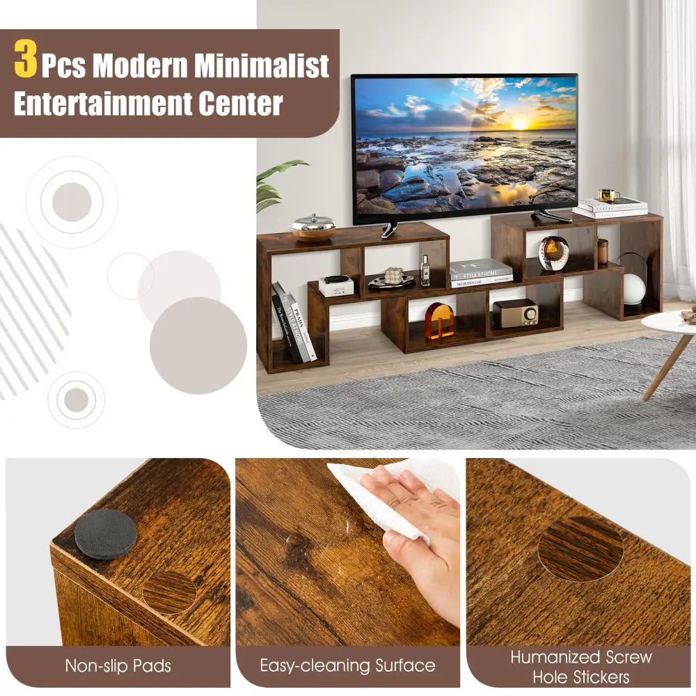 3 Pieces Console TV Stand for TVs up to 65 Inch with Shelves-Brown - Brown - Entertainment Centers & TV Stands