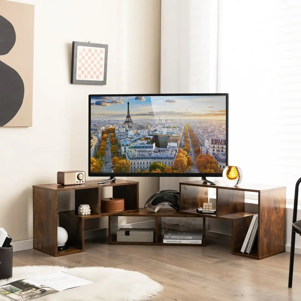 3 Pieces Console TV Stand for TVs up to 65 Inch with Shelves-Brown - Brown - Entertainment Centers & TV Stands