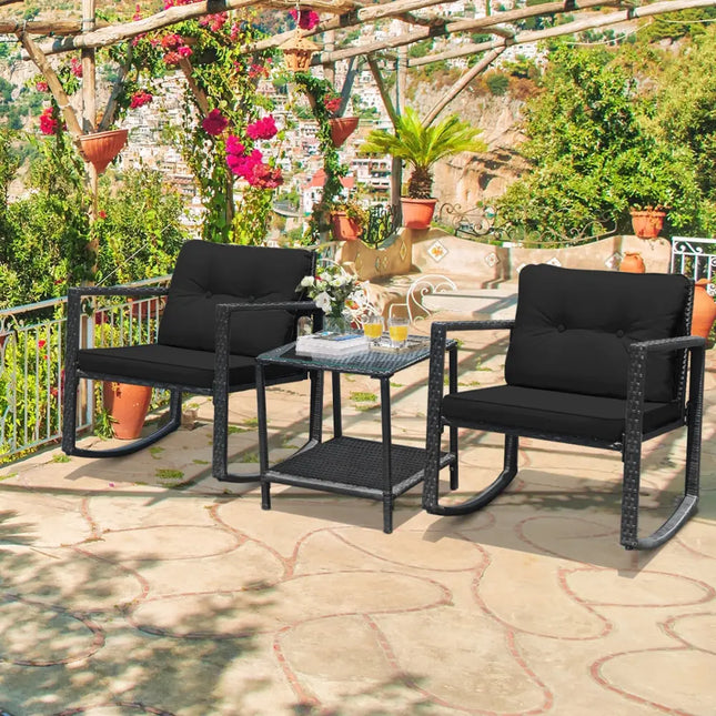 3 Pieces Cushioned Patio Rattan Set with Rocking Chair and Table-Black - Black - Patio Conversation Sets