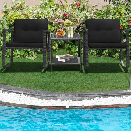 3 Pieces Cushioned Patio Rattan Set with Rocking Chair and Table-Black - Black - Patio Conversation Sets