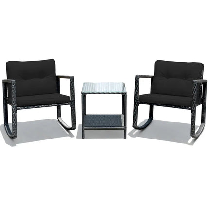 3 Pieces Cushioned Patio Rattan Set with Rocking Chair and Table-Black - Black - Patio Conversation Sets