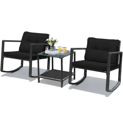 3 Pieces Cushioned Patio Rattan Set with Rocking Chair and Table-Black - Black - Patio Conversation Sets