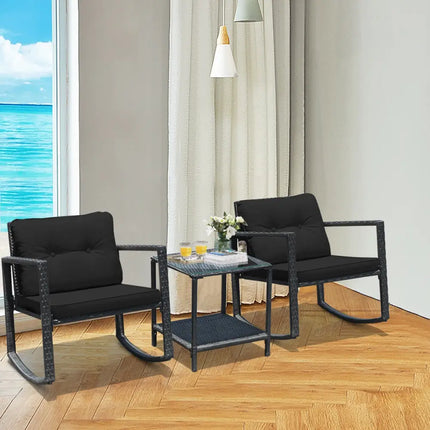 3 Pieces Cushioned Patio Rattan Set with Rocking Chair and Table-Black - Black - Patio Conversation Sets