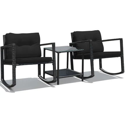 3 Pieces Cushioned Patio Rattan Set with Rocking Chair and Table-Black - Black - Patio Conversation Sets
